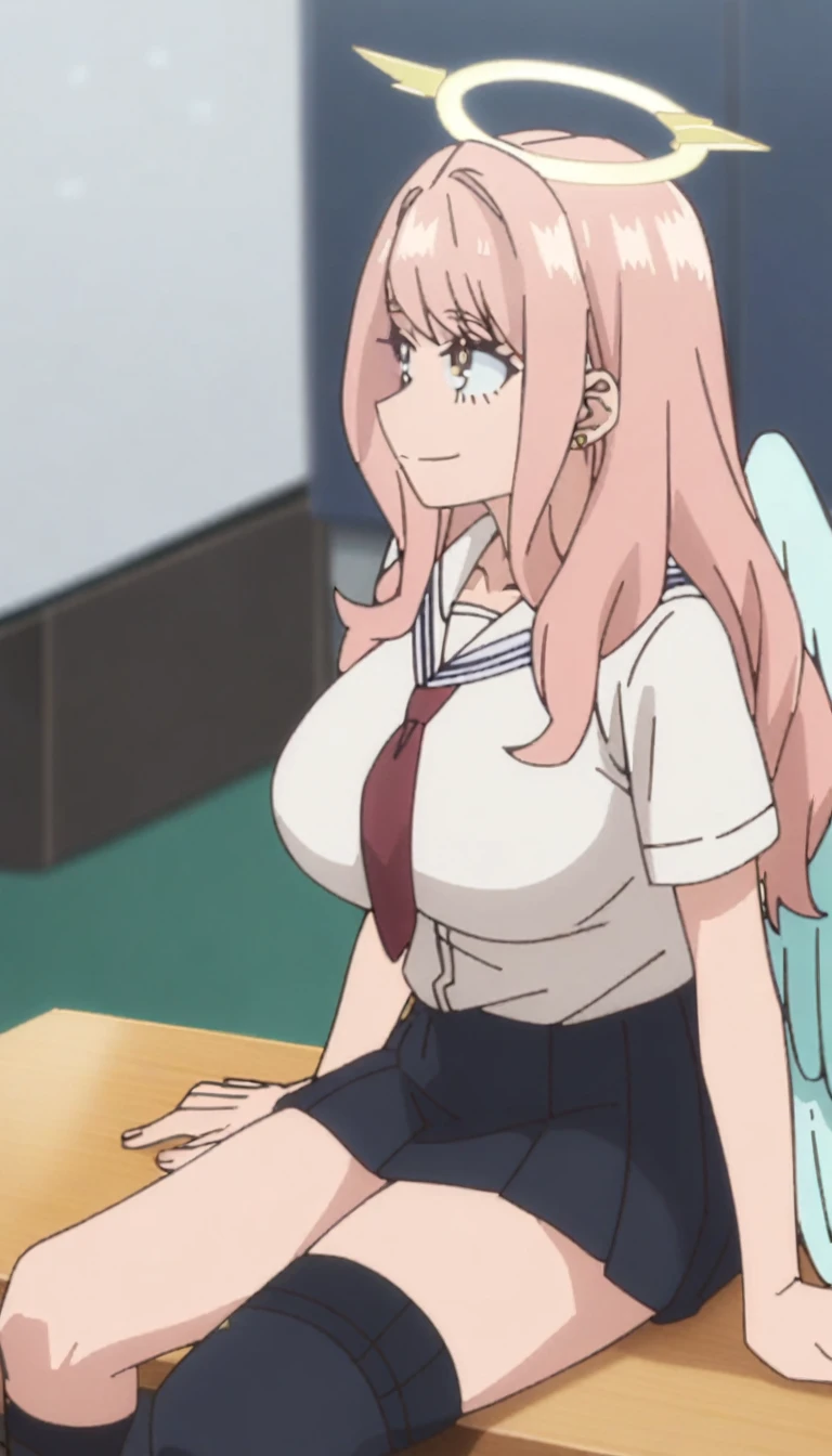 1girl, my hero academia screencap, boku no hero academia, pink hair, gold eyes, smiling, super long hair, cute, wearing white school shirt, red ribbon tie on shirt, in a classroom, cute gold earrings, bangs, , full body, large angel wings on back, halo, short skirt, thigh high black socks, big boobs, sitting down at desk, chatting
