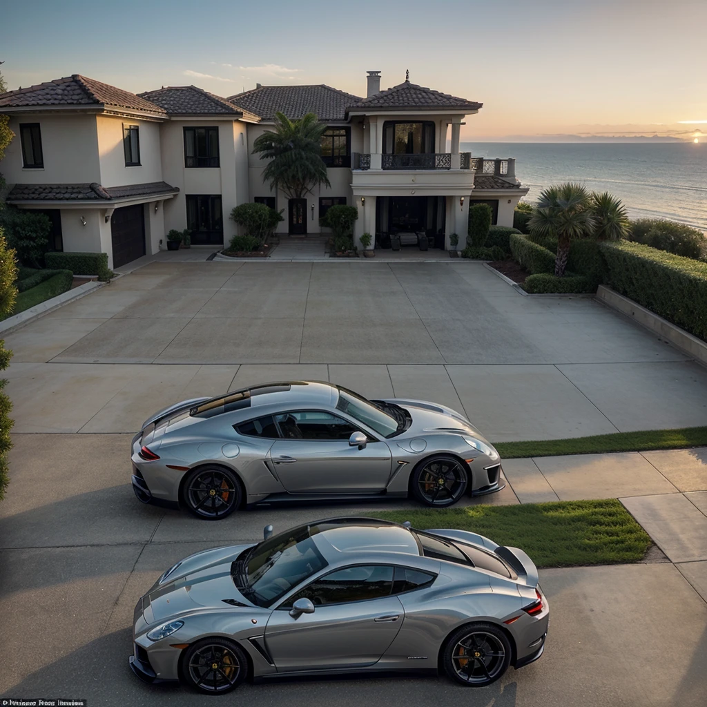 Imagine a stunning scene in Los Angeles at dusk. At the center of the image is a modern mansion with clean architectural lines and large glass windows reflecting the orange sky of the sunset. In front of the mansion, there is a display of luxury cars parked on a paved circular driveway: a bright red Ferrari, a vibrant yellow Lamborghini, an imposing black Rolls Royce, an elegant silver Porsche, and a metallic blue Nissan GTR.
Beside the cars, two sports motorcycles, a green Kawasaki Ninja and a blue Suzuki, are parked with their aerodynamic lines and aggressive design drawing attention. In the sky above the mansion, a private helicopter is about to land, while a little further away, a private jet flies low, preparing to land at the nearby airport.
At the mansion’s private dock, several luxurious yachts are anchored, with their elegant silhouettes standing out against the sparkling water. In the foreground of the image, a couple stands side by side. The woman wears a long, flowing, very beautiful dress that matches the golden glow of the horizon. The man beside her is in an elegant suit, perfectly tailored.
The couple’s faces are clear and beautiful, radiating happiness and success. They are looking into the distant horizon, contemplating the empire they have built together. The image conveys a sense of power, wealth, and a billionaire lifestyle that is both aspirational and inspiring.