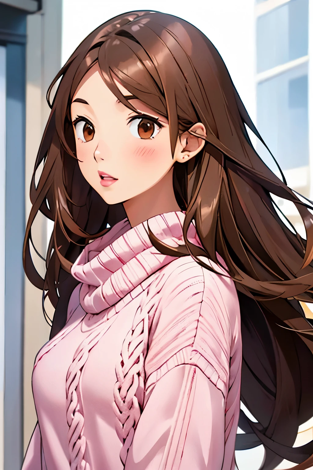 Girl, long straight brown hair, brown eyes, sharp features, white skin, bright pink lips, beautiful, sweater