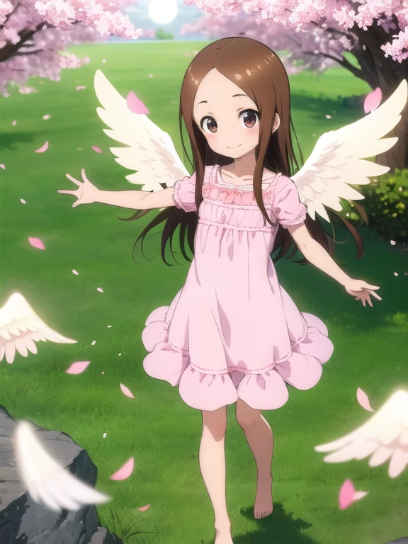 masterpiece, best quality,1girl,takagi1,overexposure, bokeh, depth of field, atmospheric lighting, outdoors, light particles, glow, shiny, sky, light rays, sunlight,--((pink nightdress)),no sleeves， ((Circle of Angels))，((Two angel wings on the back)),Angel Cosplay，，Smile, Looking at Viewer, masutepiece,Full body,Girl in the air， ,Full moon in the background，((a large number of flying petals,))，light, Fantasy, Windy, magic sparks,