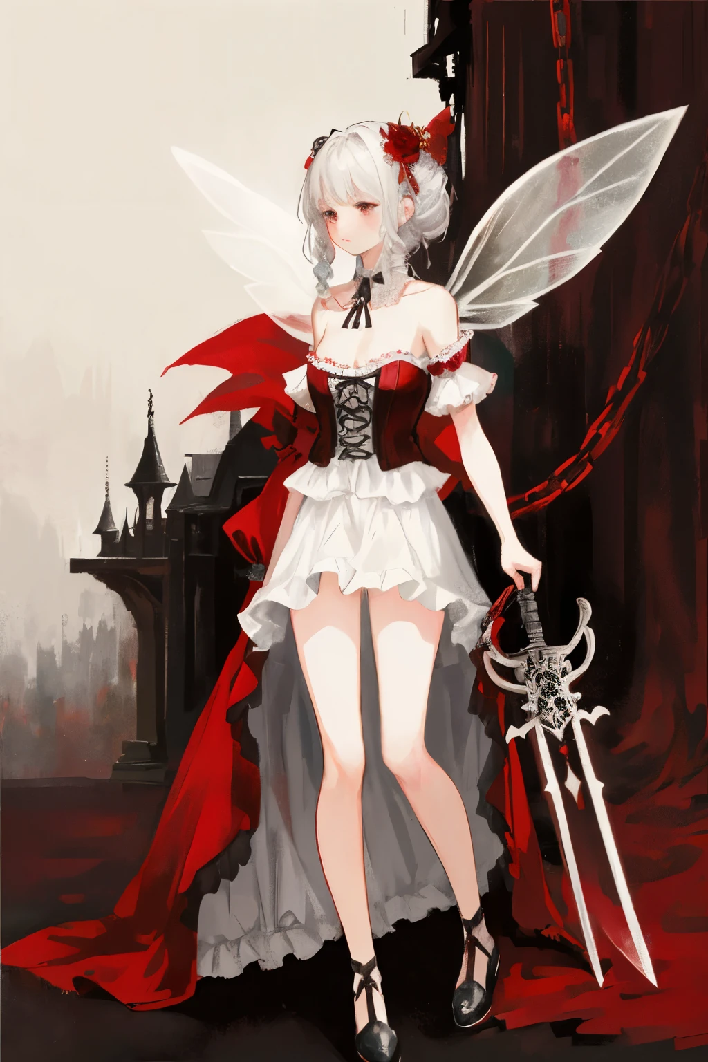 ((best quality)), ((masterpiece)), (detailed), 1girl, Character design, female, dynamic poses, long white grey hair, grey white eyes, very skinny, detailed, best quality, no accesoires around the neck, no shoes, prominent collarbones, skinny arms, flat stomach, visible hip bones, full body, blank white background, plain background, white background, red and white clothing, Bloodborne inspired, occult aesthetic, occult, detailed and intricate steampunk and detailed gothic, NSFW, Very dramatic and cinematic lighting, cosmic horror, grim-dark, side-lighting, perfect face, NSFW, Fluttering lace flared long knee length dress with frilly petticoats, knee length dress, pleated petticoats, petticoats gothic, complex lace boots, side-lighting, gothic aesthetic, wielding a mighty sword with mechanical components, mandalas, small breasts, a fairy, various different types of insect wings, NSFW, full body, whole body, body, plain background, white background, blank background, no background, white background NSFW, chains, full body, whole body, head-to-toe NSFW