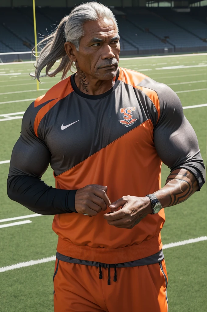 man from samoa, 60 years old, very muscular body, long gray hair, football coach, at a football field, wearing orange track suit, many tribal tattoos