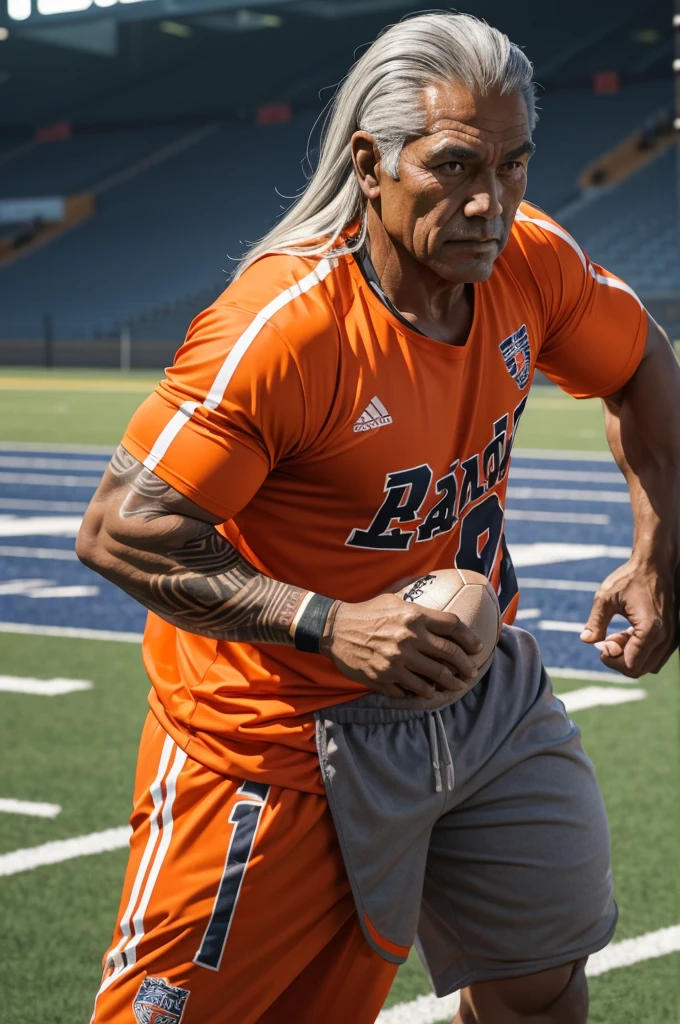 man from samoa, 60 years old, very muscular body, long gray hair, football coach, at a football field, wearing orange track suit, many tribal tattoos