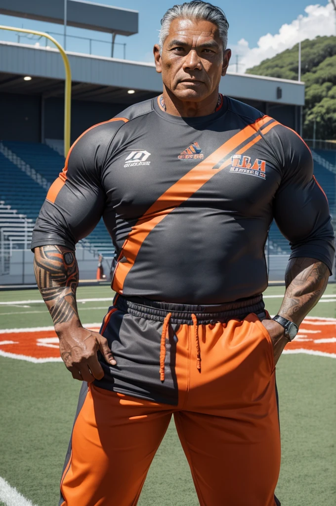 man from samoa, 60 years old, very muscular body, long gray hair, football coach, at a football field, wearing orange track suit, many tribal tattoos