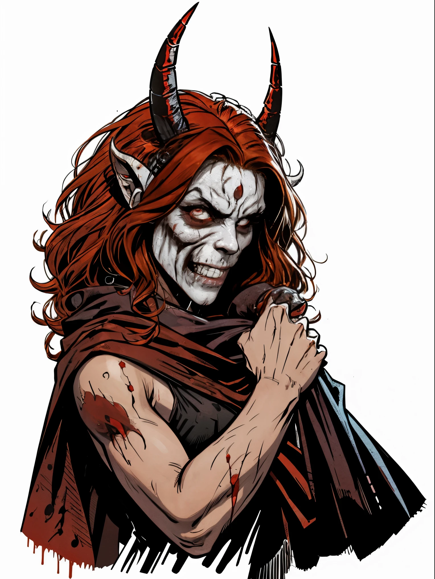 (demon), ((wearing a scary white mask)), (horrifying,shocking),blood-spattered male demon covered in blood,long flowing wavy red hair, ((ram curled horns)), (black horns) ,dramatic lighting,gritty and intense,horror portrait,violent,splattered blood,dark and haunting background,close-up of face and body,bloody handprints,terrifying aura,macabre,vivid colors,high contrast, slavic black full clothes, medieval scarf, monster claws