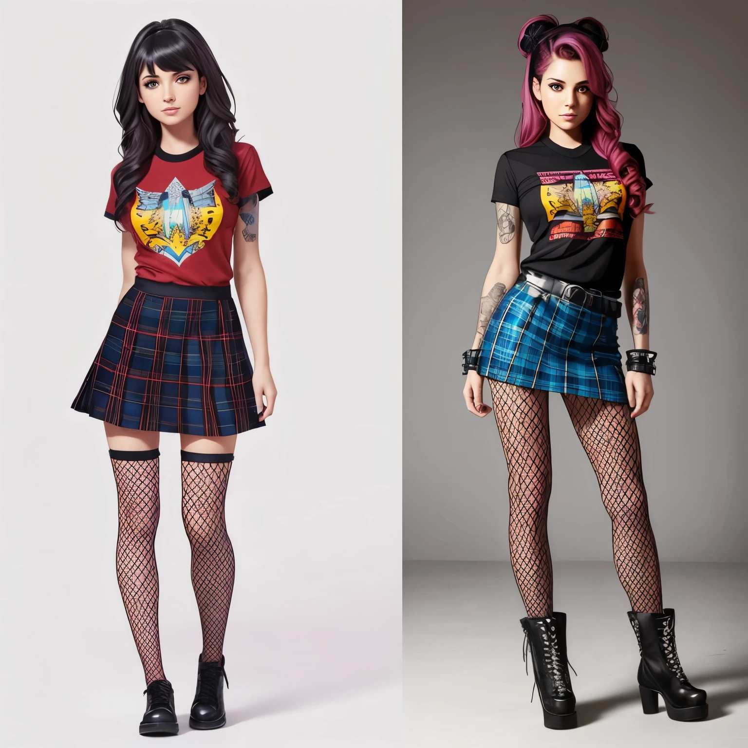 A front and back full body view of a female model in a punk-inspired outfit. The girl is depicted in a playful and vibrant manner, similar to the style shown in the reference image. She wears a Plaid skirt with a graphic tee, fishnet tights, and creepers. Her hair is styled in edgy punk manner, and she has a friendly and approachable expression. The front view shows her standing confidently, while the back view highlights the details of her outfit and hairstyle. The overall design is clean and colorful. Highly detailed, 8k, smooth, sharp focus, trending on artstation, digital painting, by Stanley Artgerm Lau, WLOP, Rossdraws, James Jean, Andrei Riabovitchev, Marc Simonetti, and Sakimichan, 