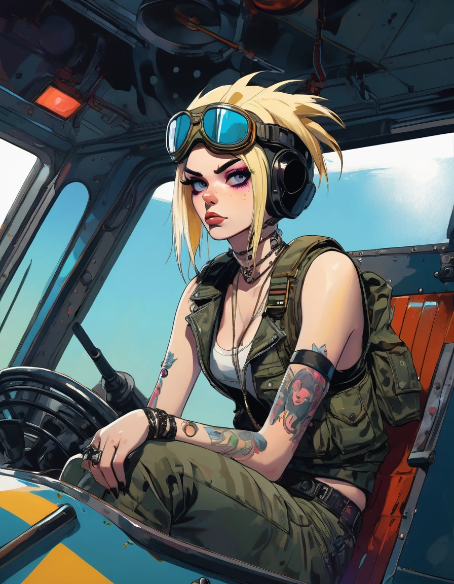 tank girl character, punk, blonde, with piercings, wearing military helmet, sitting on a tank, (best quality, 4k, 8k, high resolution, masterpiece: 1.2), ultra detailed, (realistic, photorealistic, photorealistic: 1.37) , oil painting, art inspired by Bill Sienkiewicz, detailed facial features, piercings, punk, brave military aesthetic, worn and rugged appearance, dramatic lighting, cinematic composition, vibrant colors, moody atmosphere.