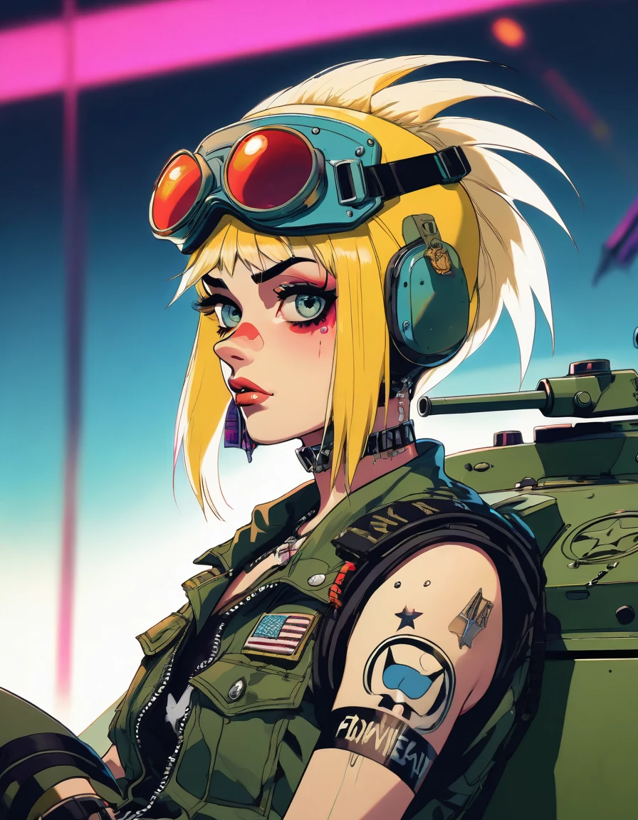 tank girl character, punk, blonde, with piercings, wearing military helmet, sitting on a tank, (best quality, 4k, 8k, high resolution, masterpiece: 1.2), ultra detailed, (realistic, photorealistic, photorealistic: 1.37) , oil painting, art inspired by Bill Sienkiewicz, detailed facial features, piercings, punk, brave military aesthetic, worn and rugged appearance, dramatic lighting, cinematic composition, vibrant colors, moody atmosphere.