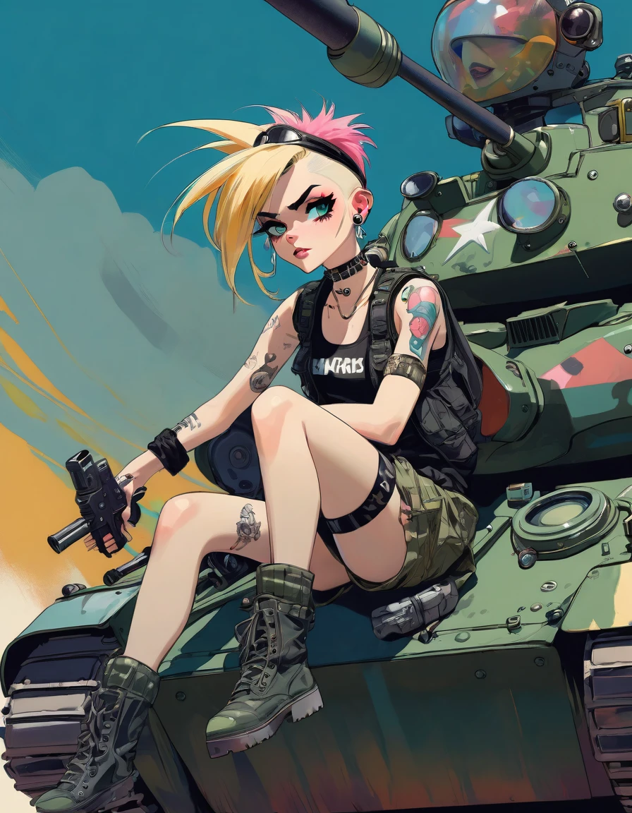 tank girl character, punk, blonde, with piercings, wearing military helmet, sitting on a tank, (best quality, 4k, 8k, high resolution, masterpiece: 1.2), ultra detailed, (realistic, photorealistic, photorealistic: 1.37) , oil painting, art inspired by Bill Sienkiewicz, detailed facial features, piercings, punk, brave military aesthetic, worn and rugged appearance, dramatic lighting, cinematic composition, vibrant colors, moody atmosphere.