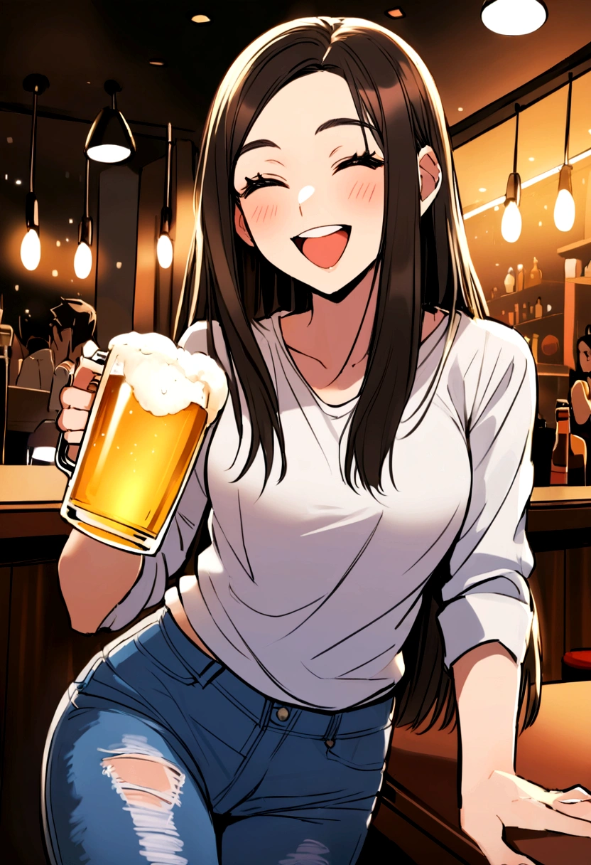 Brazilian, 20 years old, brunette, straight hair, happy, IN A BAR in São Paulo, drinking a beer, wearing jeans