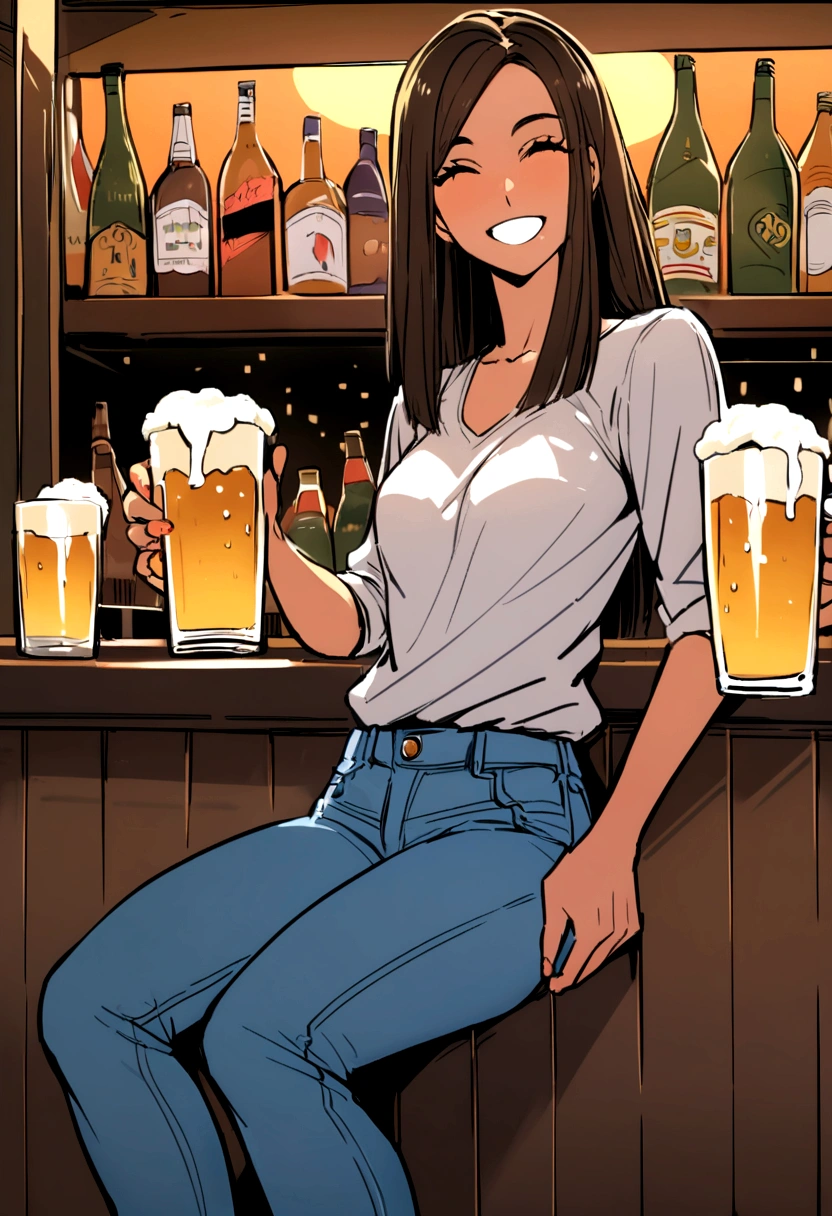 Brazilian, 20 years old, brunette, straight hair, happy, IN A BAR in São Paulo, drinking a beer, wearing jeans
