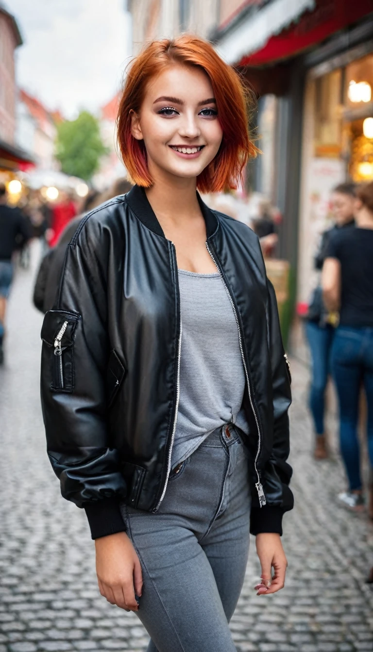 Portrait of a beautiful 18-year-old woman, rote bob haare, dark eye makeup with eyeliner, beautiful Germans, grey longsleeve shirt with black vinyl bomber jacket and skinny jeans, in der stadt, (heller markt, helles und lebendiges Licht: 1.2), shy smile, busty, tanned, walking away from photographer