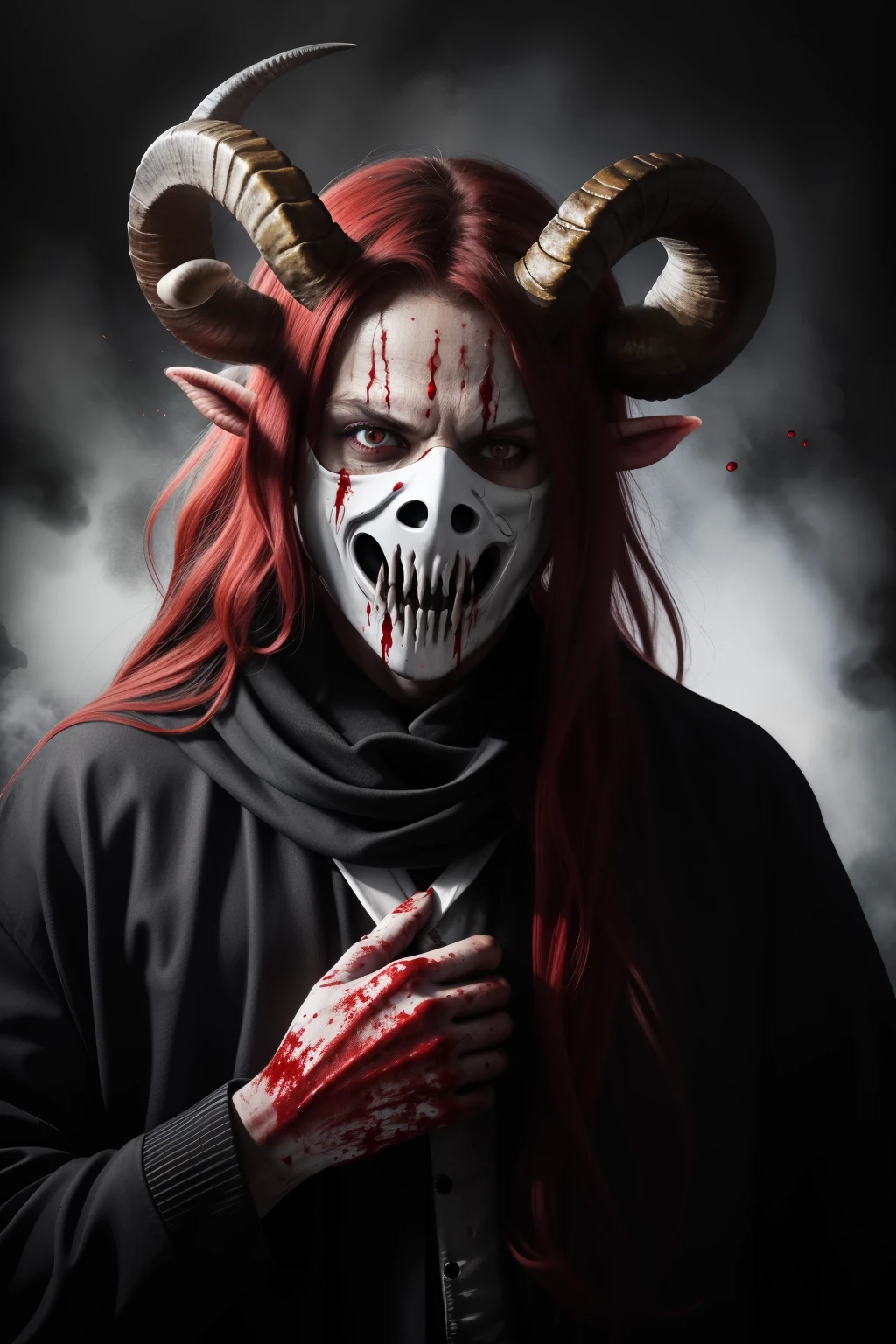 (demon), ((wearing a scary white mask)), (horrifying,shocking),blood-spattered male demon covered in blood,long flowing wavy red hair, ((ram curled horns)), (black horns) ,dramatic lighting,gritty and intense,horror portrait,violent,splattered blood,dark and haunting background,close-up of face and body,bloody handprints,terrifying aura,macabre,vivid colors,high contrast, slavic black full clothes, medieval scarf, monster claws black and white drawing  lineart