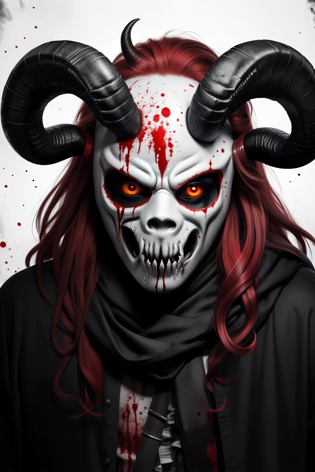 (demon), ((wearing a scary white mask)), (horrifying,shocking),blood-spattered male demon covered in blood,long flowing wavy red hair, ((ram curled horns)), (black horns) ,dramatic lighting,gritty and intense,horror portrait,violent,splattered blood,dark and haunting background,close-up of face and body,bloody handprints,terrifying aura,macabre,vivid colors,high contrast, slavic black full clothes, medieval scarf, monster claws black and white drawing  lineart