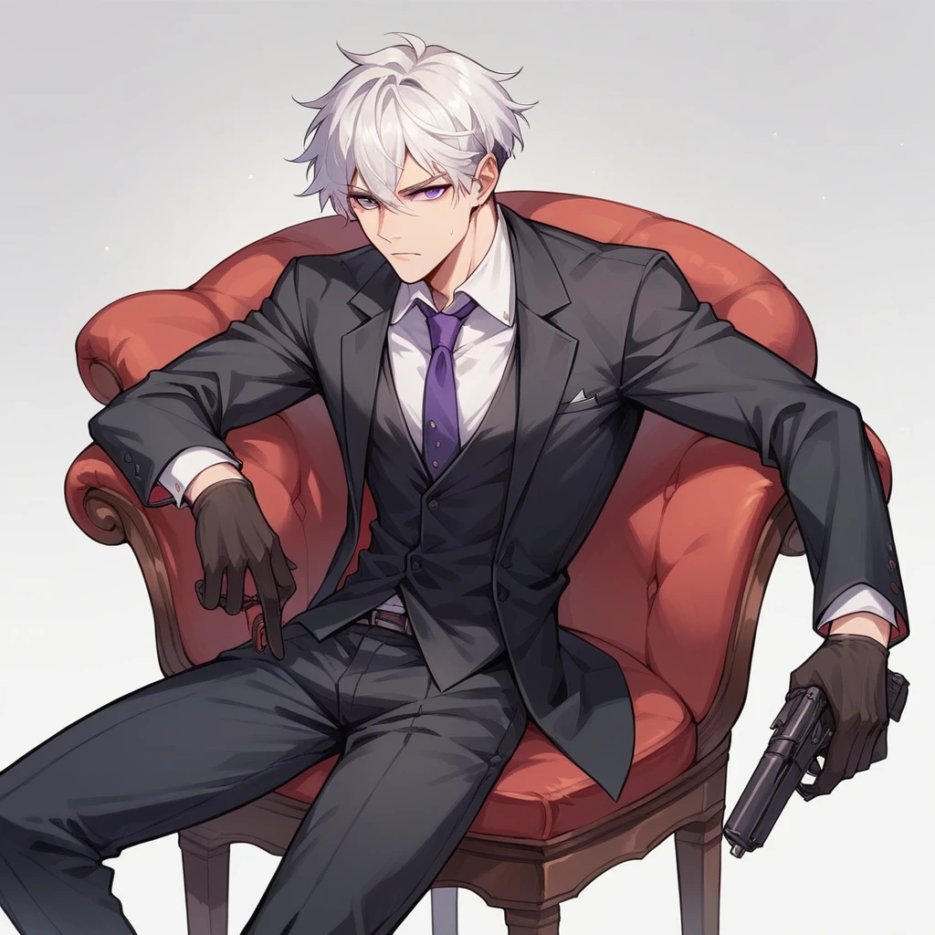 There was a man sitting in a red chair, white hair, purple eyes, wearing a black suit, and holding a gun.
