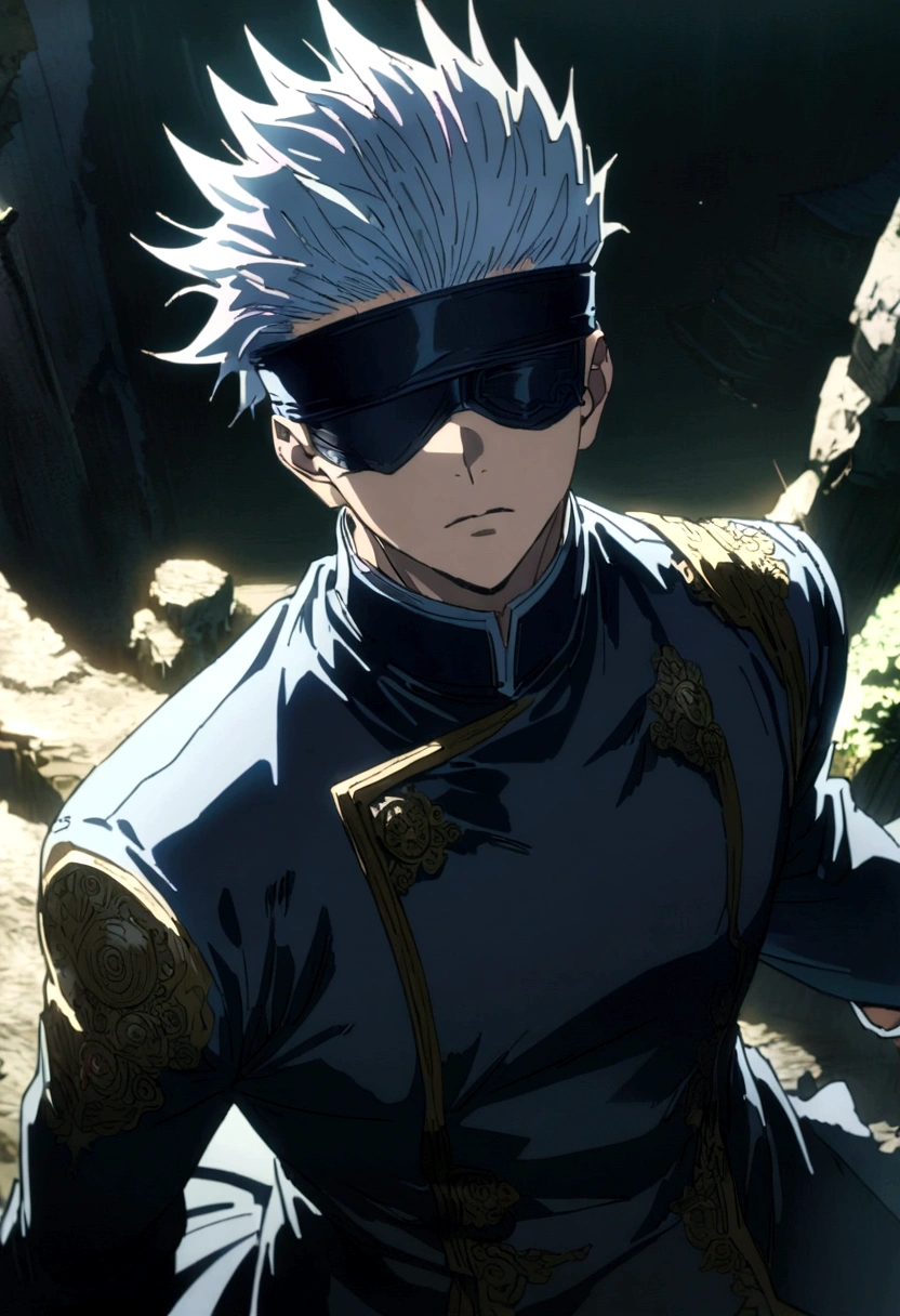 1boy,Satoru Gojo, "Jujutsu Kaisen", (blindfold covered eyes, eye patch), anime screenshot, anime screencap, anime coloring, dramatic composition, cinematic lighting, (masterpiece, best quality, Professional, perfect composition, very aesthetic, absurdres, ultra-detailed, intricate details:1.3)