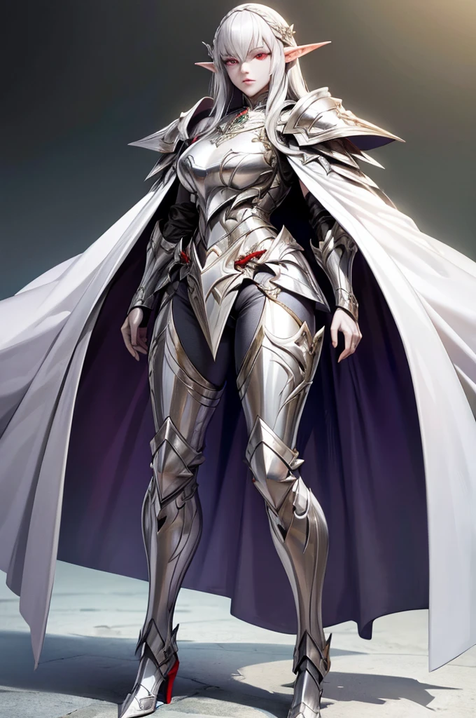 female elf knight, full body art, silver hair, white skin, red iris eye, knight full plate adorned armor, silver cape, perfectly detailed