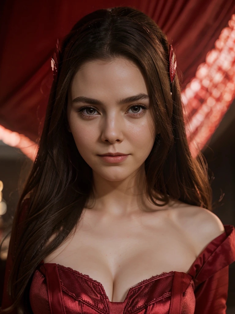 Scarlet Witch from marvel posting. Raw photo. Red magic. Cute face. Detailed face. Cinematic. High resolution