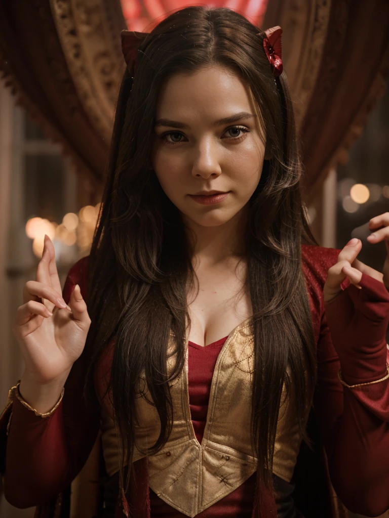 Scarlet Witch from marvel posting. Raw photo. Red magic. Cute face. Detailed face. Cinematic. High resolution