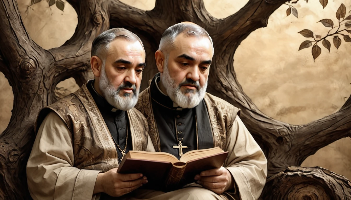 a man sitting on a tree branch reading a book, detailed portrait of padre pio in biblical style, intricate folds of clothing, natural lighting, warm color tones, chiaroscuro lighting, cinematic composition, dramatic lighting, highly detailed face and hands, realistic skin texture, subtle facial expressions, depth of field, masterpiece, best quality, 8k, ultra-detailed, photorealistic
