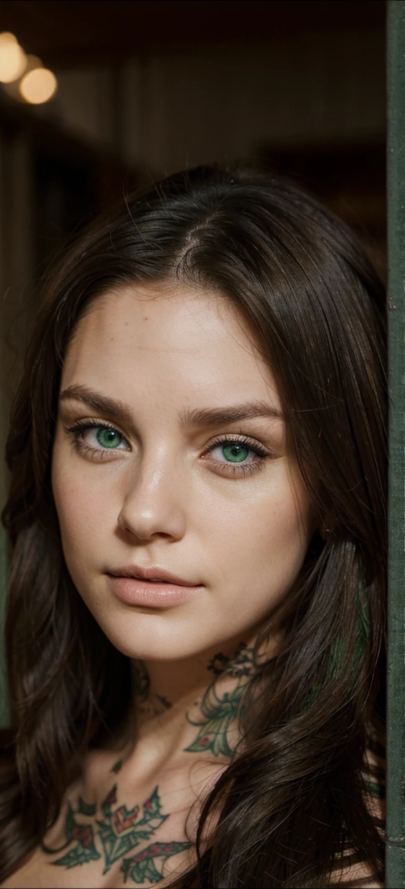 Realistic facial features, tattoos, beautiful, amazing green eyes, long brunette hair.