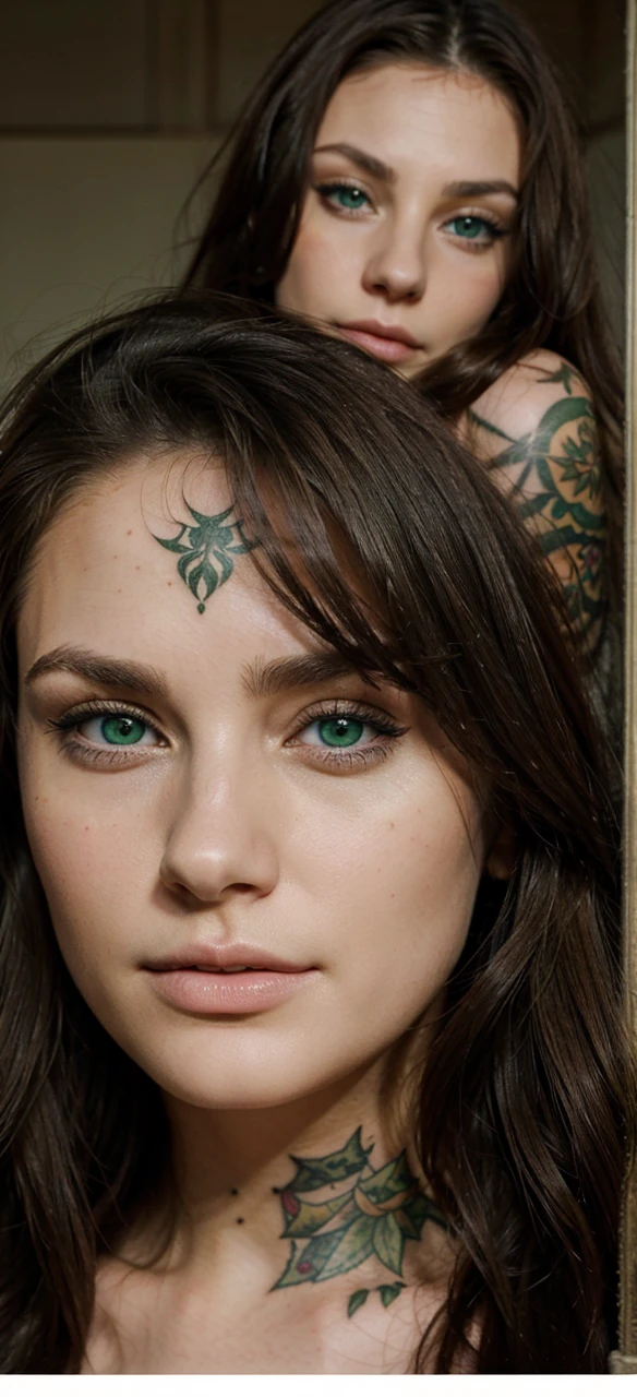 Realistic facial features, tattoos, beautiful, amazing green eyes, long brunette hair.