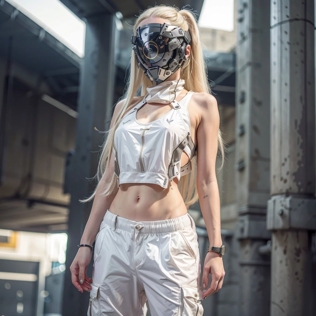 1girl, long blonde hair, cyber helmet, white tank top, white cargo pants, mouth mask, covered mouth, Blur background, pale skin, 8K, Hi-Res