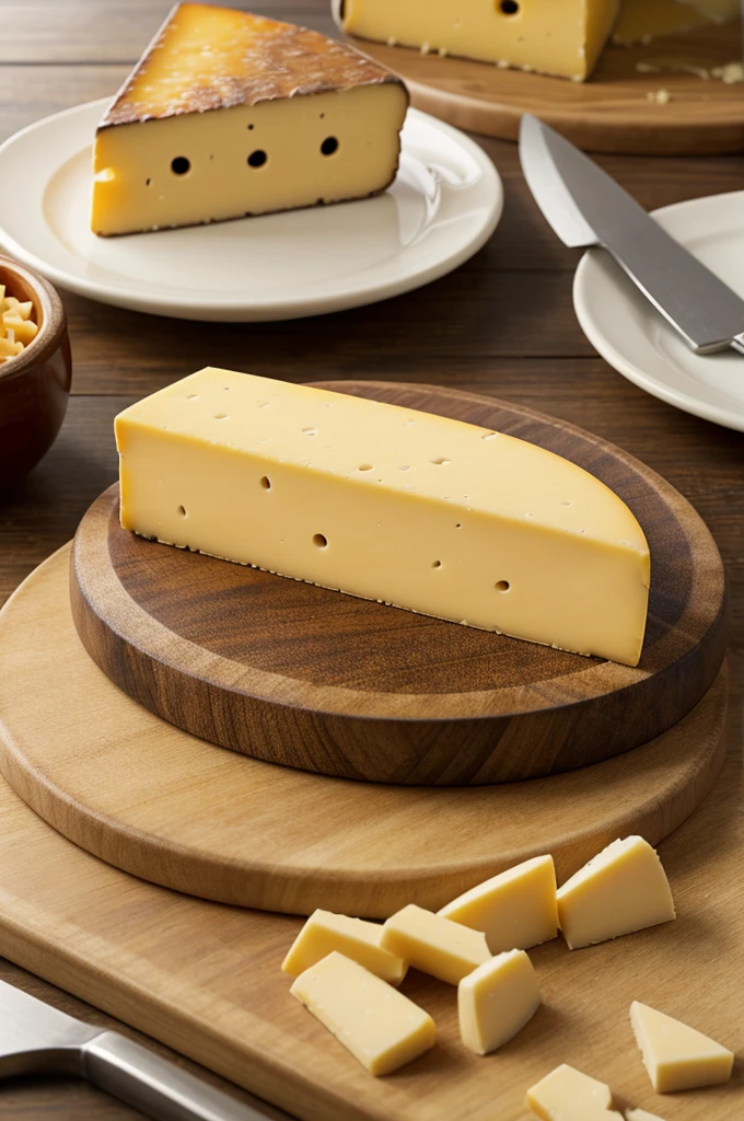 Realistic image of Mazda cheese emphasizing its texture and characteristic large round holes on the background of a served table and cutting Mazda cheese.