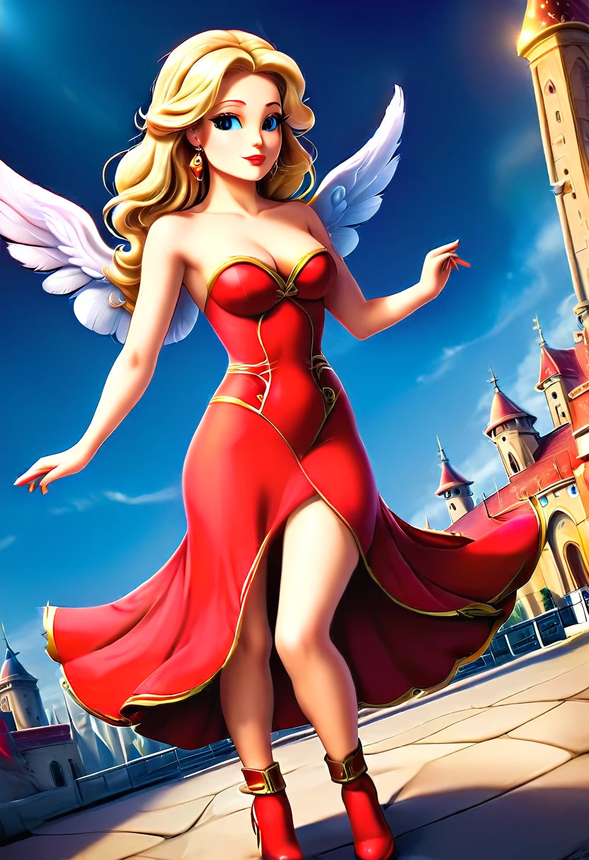 Arafed, a picture of a female angel in high society prom event, divine beautiful female angel, blond hair, long hair, flowing hair, the hair glows in a soft light, cerulean eyes, deep light eyes, divine beautiful face, folded white feather wings, she wears a ((red evening dress: 1.2)), elegant, intricate detailed dress, silk dress, she wears elegant knee high heeled boots, exquisite high heeled boots, she stands on the porch of a fantasy castle, dynamic angle, soft torch light, (Masterpiece: 1.5), 16k, highres, best quality, high details, ultra detailed, masterpiece, best quality, (extremely detailed), AngelStyle, GlowingRunesAI_paleblue, angel_wings