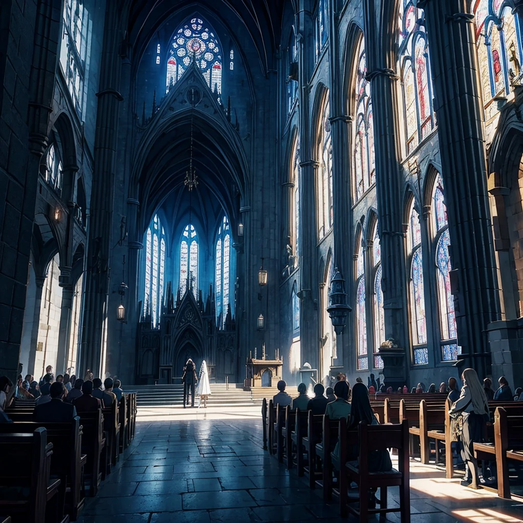 Epic anime fight, medieval, magical, in gothic church, super detailed, cruel