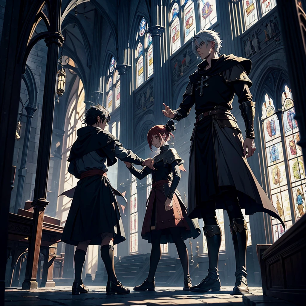 Epic anime fight, medieval, magical, in gothic church, super detailed, cruel