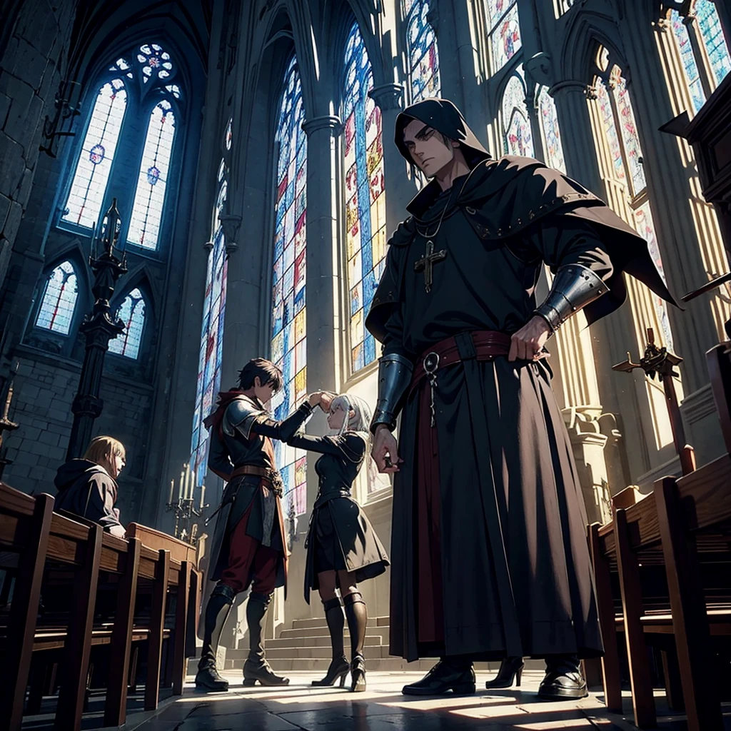 Epic anime fight, medieval, magical, in gothic church, super detailed, cruel