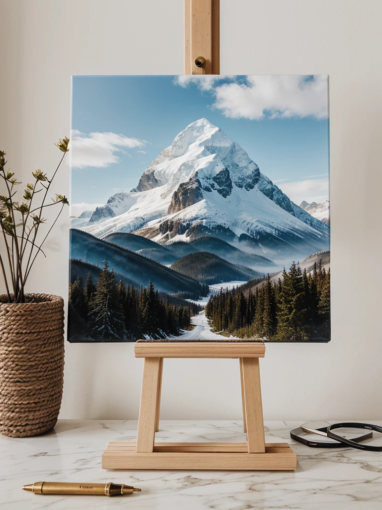 Create a mountain-themed piece of art on a small-sized canvas on an easel in a minimalist place