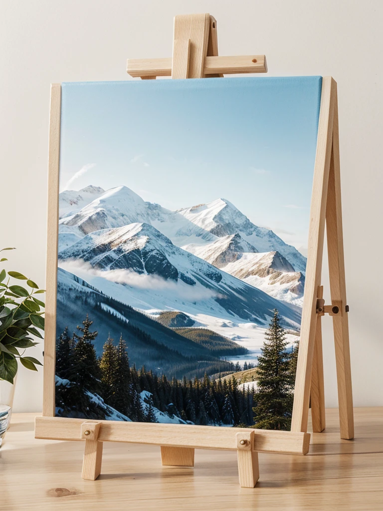 Create a mountain-themed piece of art on a small-sized canvas on an easel in a minimalist place