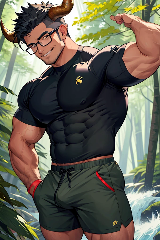 very muscular bull man, big breasts, tight shirt, small horns and bull ears, long bull tail, tight shorts showing bulge, man in forest, sexy bull man, tender face, small round horns, wears glasses, taper cut hairstyle with waves, man would be smiling, slightly downward camera perspective