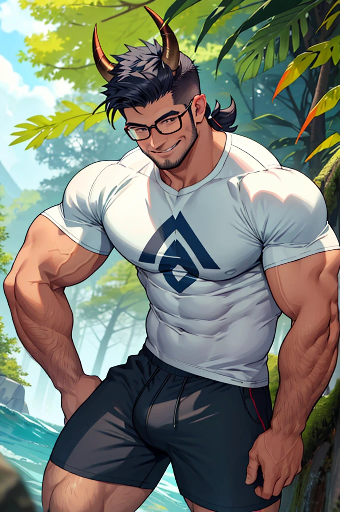 very muscular bull man, big breasts, tight shirt, small horns and bull ears, long bull tail, tight shorts showing bulge, man in forest, sexy bull man, tender face, small round horns, wears glasses, taper cut hairstyle with waves, man would be smiling, slightly downward camera perspective