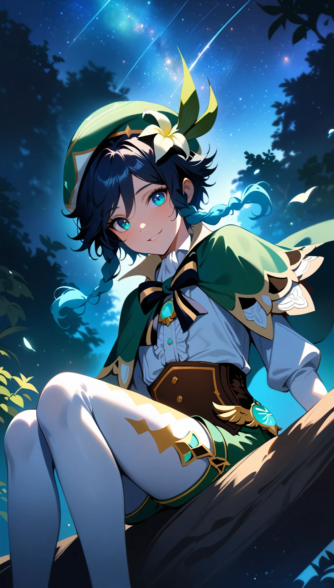 (best quality,4k,8k,highres,masterpiece:1.2),1boy,venti_\(genshin_impact\),sitting in tree,(face focus,detailed face and clear eyes),flat chest,realistic:.5,night time,ladyshadow,bluegreen eyes,mysterious smile,green cape,white long sleeved shirt,leather corset,(puffy green shorts),(plain white tights),green hat, dark night scene, starry sky with nebula,dark,low light,deep blue lighting,