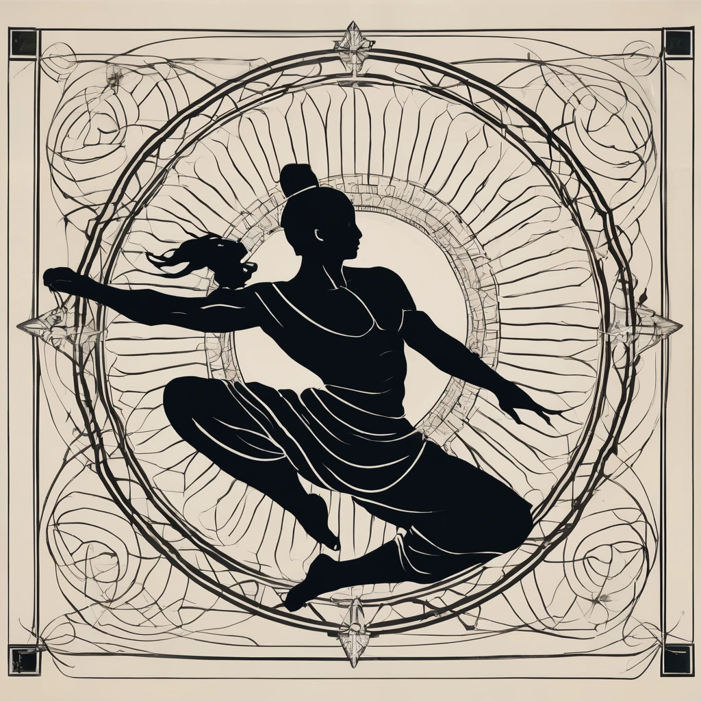 "Illustration d'une silhouette de combattant d'arts martiaux en plein mouvement. La silhouette est en position dynamique, executing a spinning kick with power and grace. , avec une jambe tendue haut dans les airs, while the other leg is bent under him. Le torse est légèrement penché vers l'avant pour maintenir l'équilibre. Les bras sont positionnés pour accompagner le mouvement, l'un en protection devant le visage, the other balanced behind. L'attention est portée sur les lignes fluides et les courbes qui capturent l'énergie et la force du mouvement. . Les couleurs sont principalement en noir et blanc, with subtle shadows to give depth and dynamism to the silhouette."