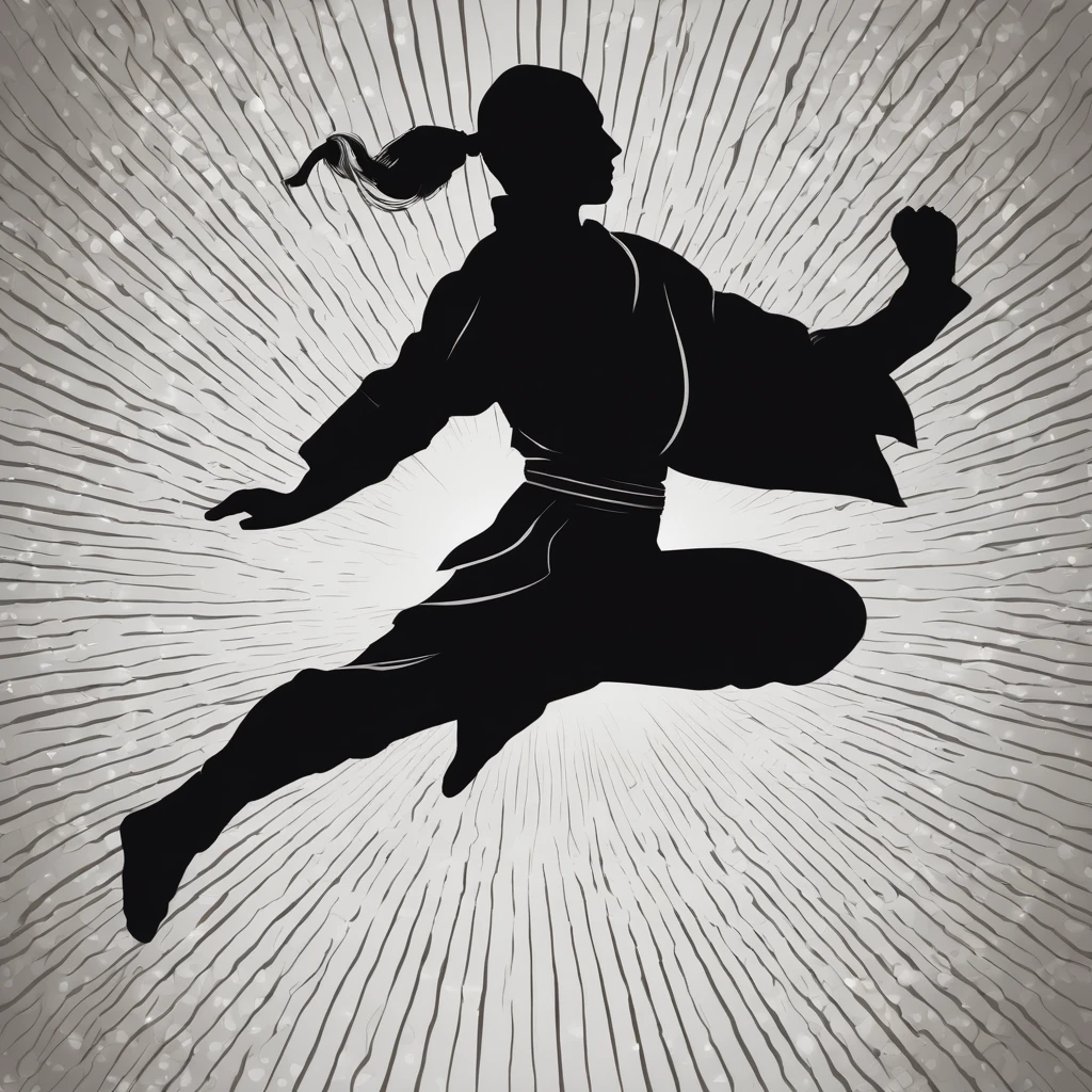 "Illustration d'une silhouette de combattant d'arts martiaux en plein mouvement. La silhouette est en position dynamique, executing a spinning kick with power and grace. , avec une jambe tendue haut dans les airs, while the other leg is bent under him. Le torse est légèrement penché vers l'avant pour maintenir l'équilibre. Les bras sont positionnés pour accompagner le mouvement, l'un en protection devant le visage, the other balanced behind. L'attention est portée sur les lignes fluides et les courbes qui capturent l'énergie et la force du mouvement. . Les couleurs sont principalement en noir et blanc, with subtle shadows to give depth and dynamism to the silhouette."