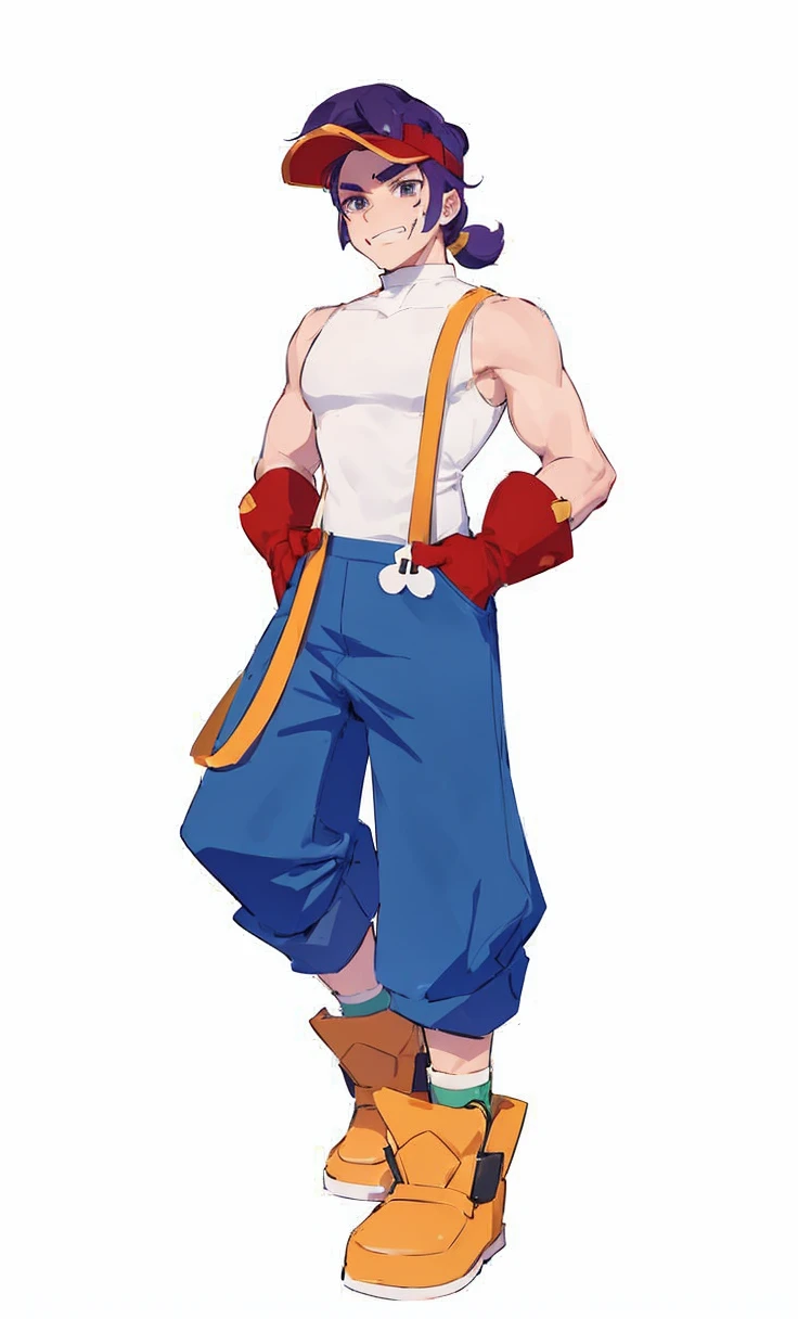 Fang from brawl stars. Male. white tank top with blue overalls with yellow straps and brown boots. Red gloves. short, dark purple hair styled with split bangs and a pony tail in the back