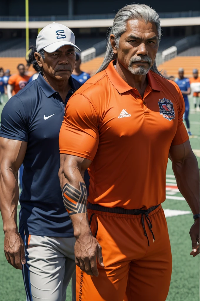 man from samoa, 60 years old, very muscular body, long gray hair, football coach, at a football field, wearing orange polo shirt and orange pants, many tribal tattoos