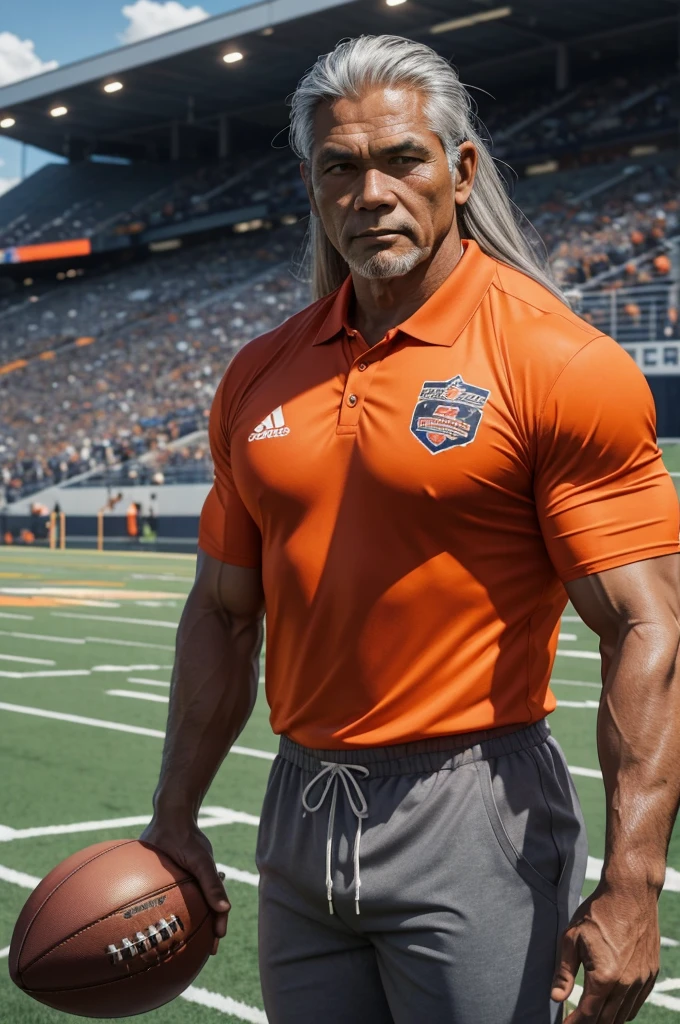 man from samoa, 60 years old, very muscular body, long gray hair, football coach, at a football field, wearing orange polo shirt and orange pants, many tribal tattoos