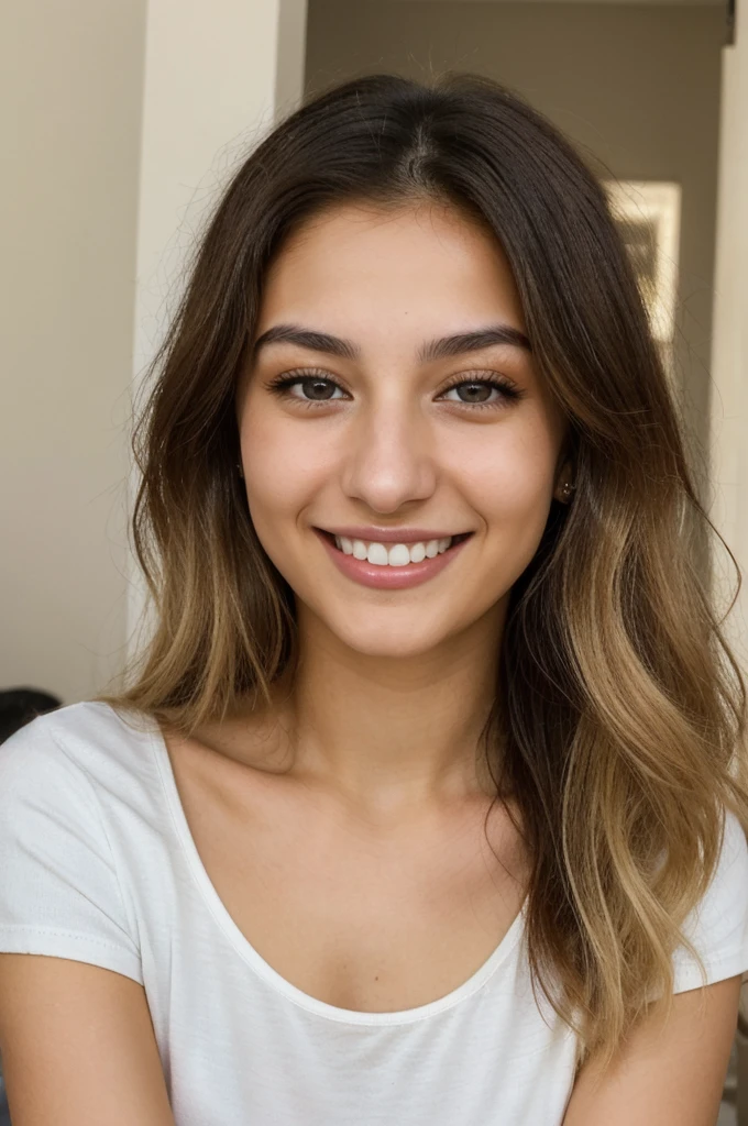 20YO, small nose, one women,attractive, Jordanian, Bright Yellow shirt, cute smile, cute face, white teethes, skinny face, light brown eyes, black/blonde long hair