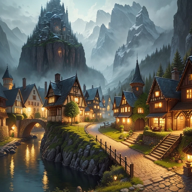 Fairytale village, masterpiece, Best quality, super detail, many small details, Intricate details, high quality textures, high detail, realistic textures