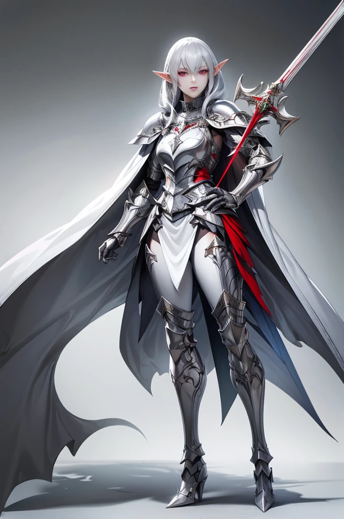 female elf knight, full body art, silver hair, white skin, red iris eye, knight full plate adorned armor, silver cape, sword and shield, perfectly detailed