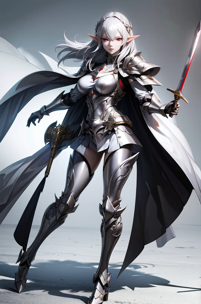 female elf knight, full body art, silver hair, white skin, red iris eye, knight full plate adorned armor, silver cape, sword and shield, perfectly detailed