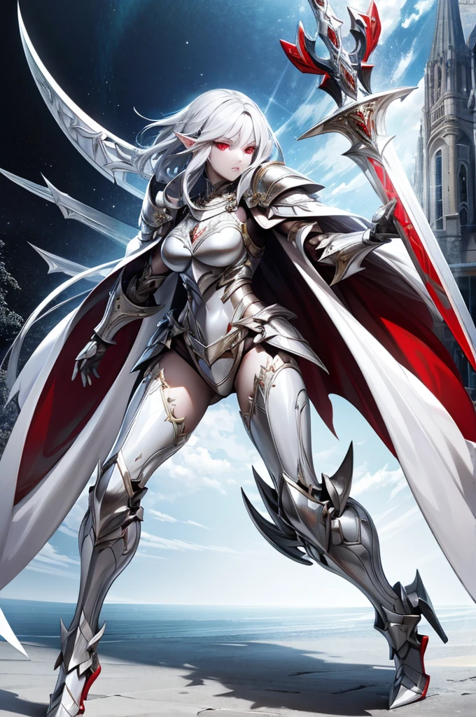 female elf knight, full body art, silver hair, white skin, red iris eye, knight full plate adorned armor, silver cape, sword and shield, perfectly detailed