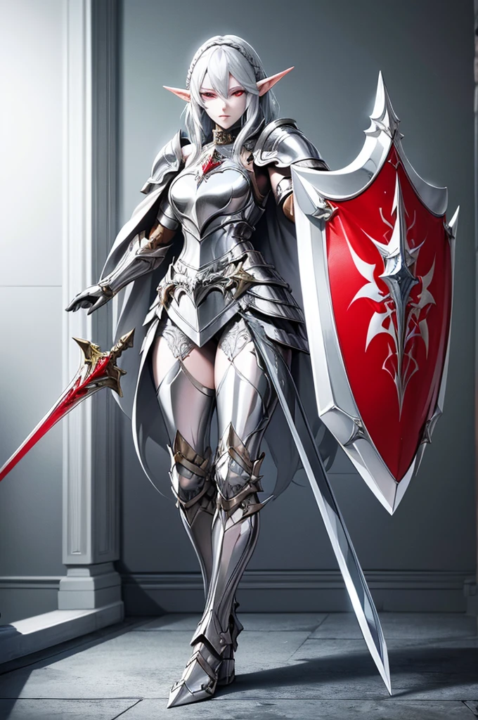 female elf knight, full body art, silver hair, white skin, red iris eye, knight full plate adorned armor, silver cape, sword and shield, perfectly detailed