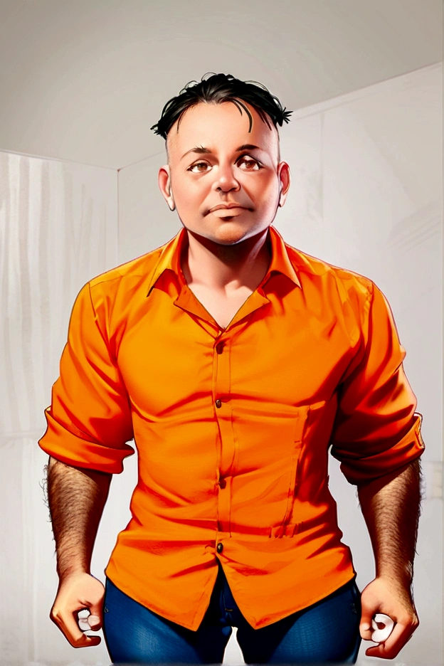 Imagem em estilo Pixar, com carisma, orange dress shirt with jeans and orange sneakers, com alta qualidade de pele e sem imagem ao fundo