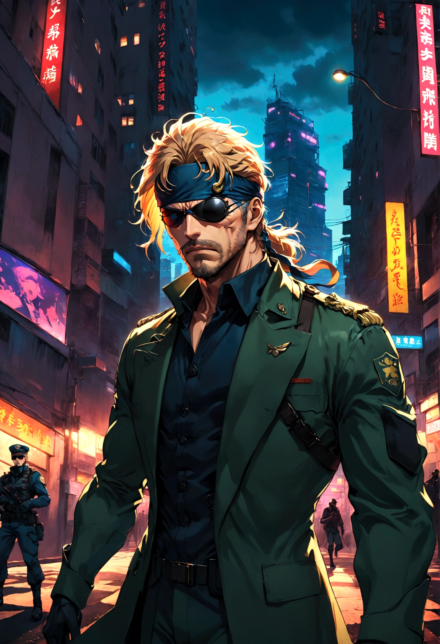source_anime, 1boy, old man, named "Snake", soldier, "Metal Gear Solid", covered eyes, eye patch, city, solo, male focus, anime screenshot, source_anime, dramatic composition, cinematic dynamic action scene, vibrant colors, cinematic lighting, dramatic lighting, best quality, masterpiece, very aesthetic, perfect composition, intricate details, ultra-detailed